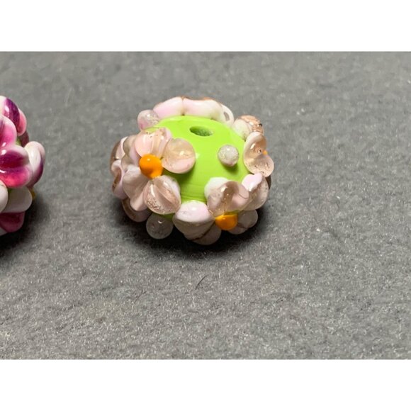 Handmade Floral Lampwork Glass Beads Green Base with Pink & White Flowers Bead - Picture 4 of 6